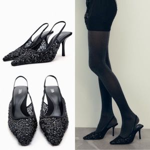 NWT Zara Woman High Heels Sandals Sequined Sequins Black Shoes Size 7.5
